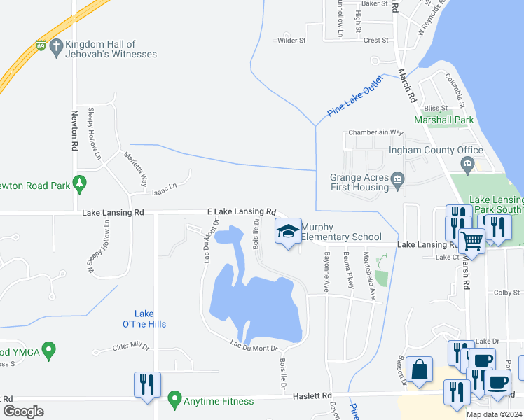 map of restaurants, bars, coffee shops, grocery stores, and more near 1960 Lake Lansing Road in Meridian charter Township