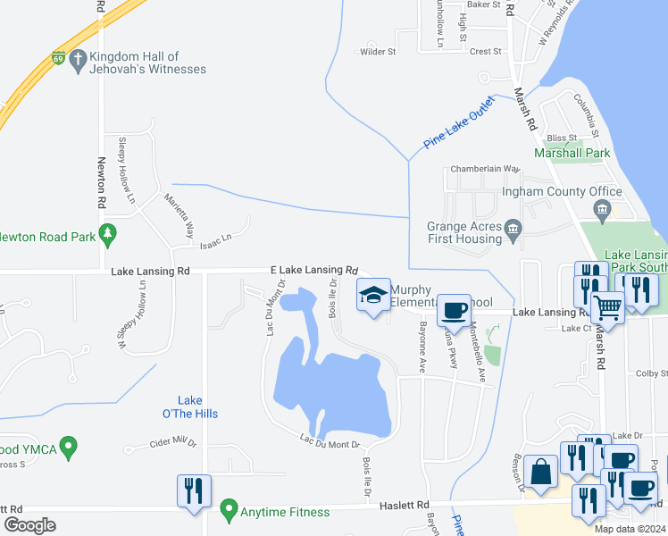 map of restaurants, bars, coffee shops, grocery stores, and more near 1960 Lake Lansing Road in Meridian charter Township