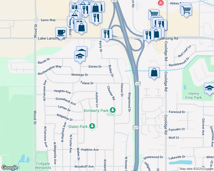 map of restaurants, bars, coffee shops, grocery stores, and more near 2807 Tulane Drive in Lansing