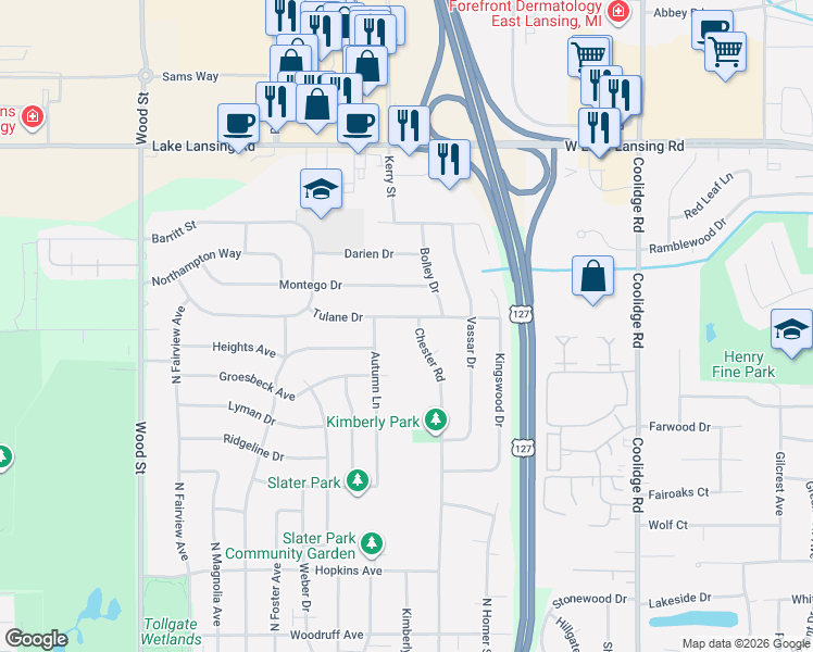 map of restaurants, bars, coffee shops, grocery stores, and more near 2807 Tulane Drive in Lansing