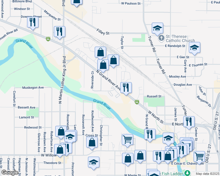 map of restaurants, bars, coffee shops, grocery stores, and more near 2019 North Grand River Avenue in Lansing