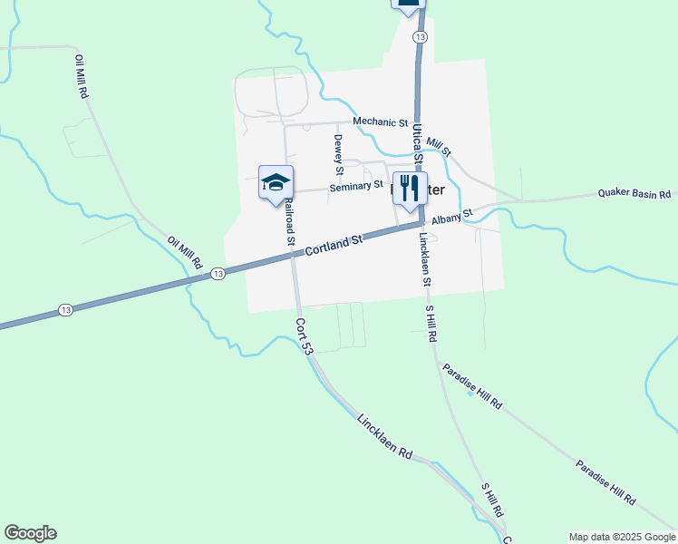 map of restaurants, bars, coffee shops, grocery stores, and more near 1630 Cortland Street in DeRuyter