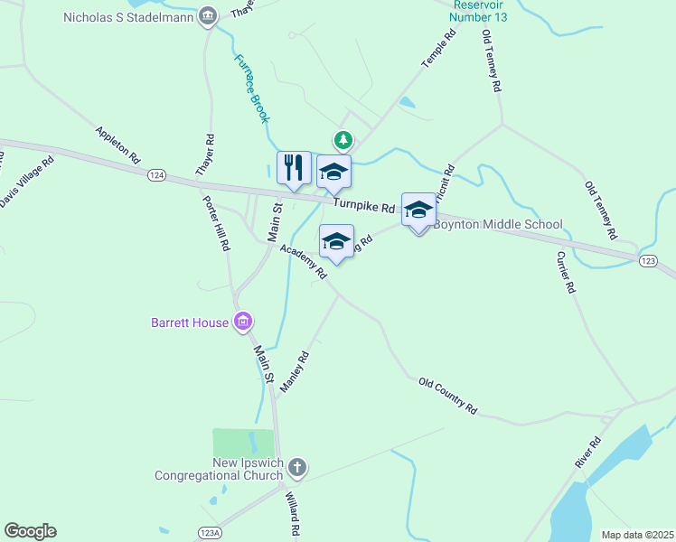 map of restaurants, bars, coffee shops, grocery stores, and more near 72 Academy Road in New Ipswich