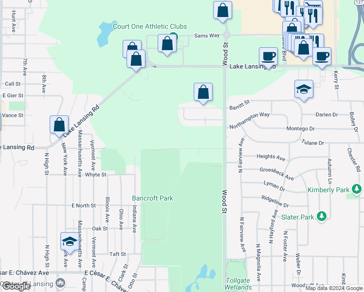 map of restaurants, bars, coffee shops, grocery stores, and more near 1607 David Street in Lansing