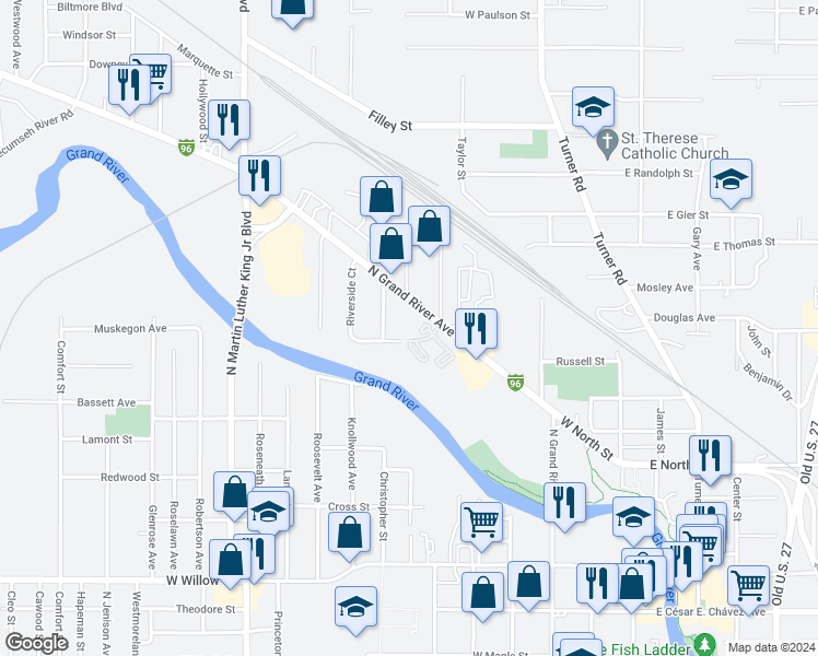 map of restaurants, bars, coffee shops, grocery stores, and more near 2019 North Grand River Avenue in Lansing