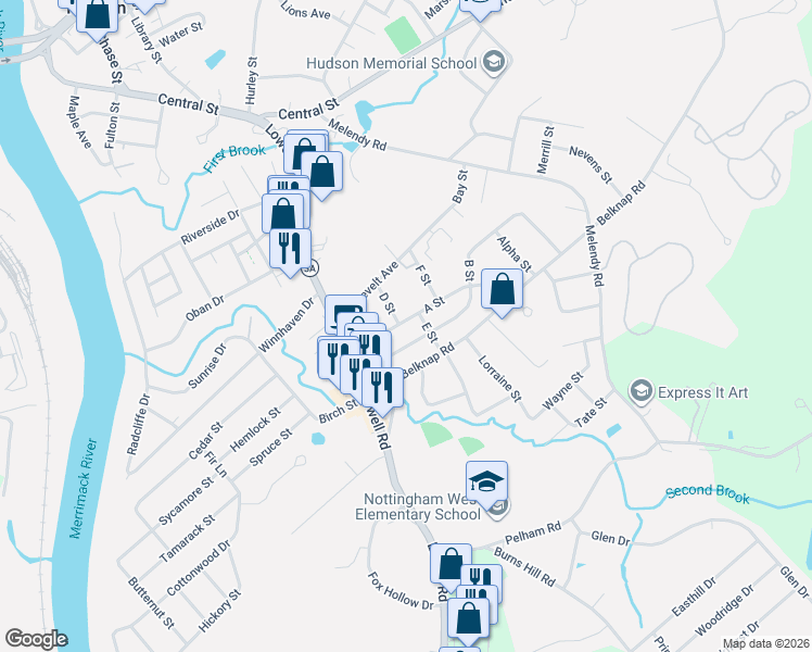 map of restaurants, bars, coffee shops, grocery stores, and more near 22 A Street in Hudson