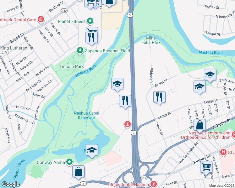 map of restaurants, bars, coffee shops, grocery stores, and more near 36 Riverside Street in Nashua