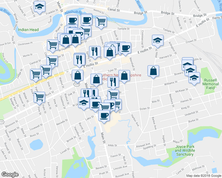 map of restaurants, bars, coffee shops, grocery stores, and more near 35 Bowers Street in Nashua