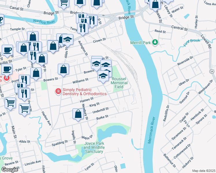 map of restaurants, bars, coffee shops, grocery stores, and more near 42 Arlington Street in Nashua