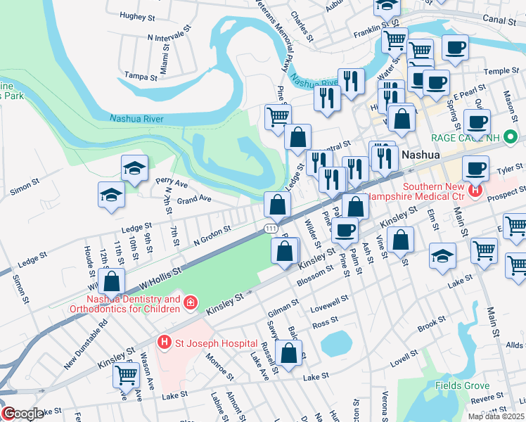 map of restaurants, bars, coffee shops, grocery stores, and more near 76 Ledge Street in Nashua
