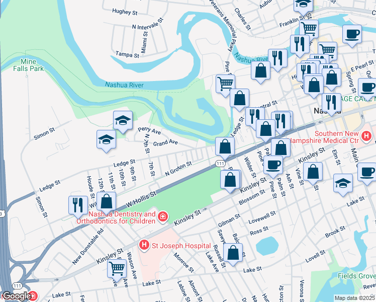 map of restaurants, bars, coffee shops, grocery stores, and more near 3 North 2nd Street in Nashua