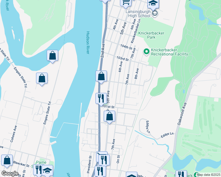 map of restaurants, bars, coffee shops, grocery stores, and more near 99 5th Avenue in Troy