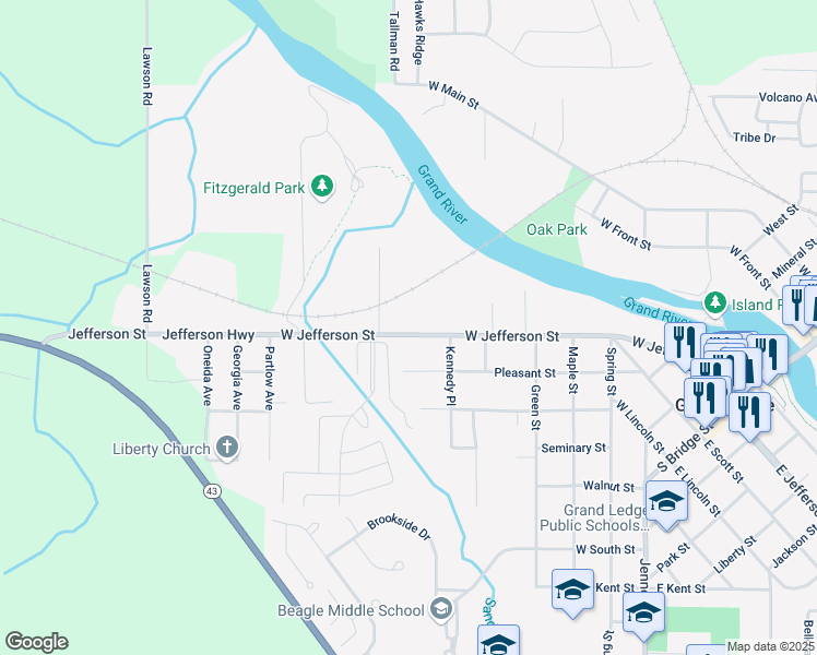 map of restaurants, bars, coffee shops, grocery stores, and more near 848 West Jefferson Street in Grand Ledge