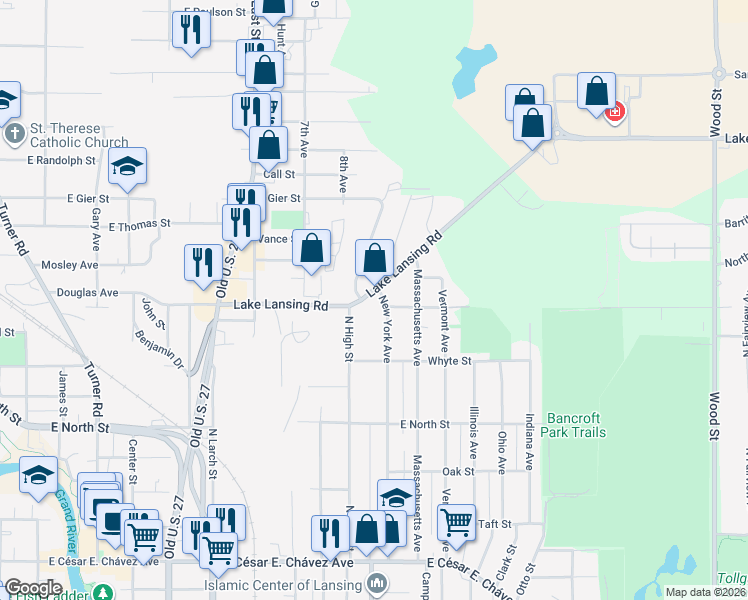 map of restaurants, bars, coffee shops, grocery stores, and more near 1110 Lake Lansing Road in Lansing