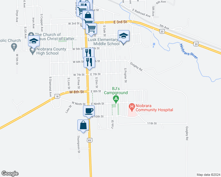 map of restaurants, bars, coffee shops, grocery stores, and more near 309 East 8th Street in Lusk