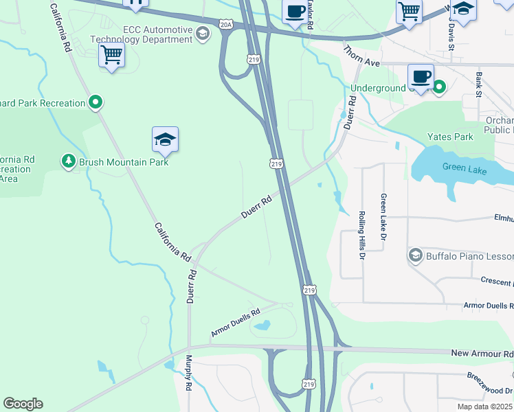 map of restaurants, bars, coffee shops, grocery stores, and more near 4662 Duerr Road in Orchard Park
