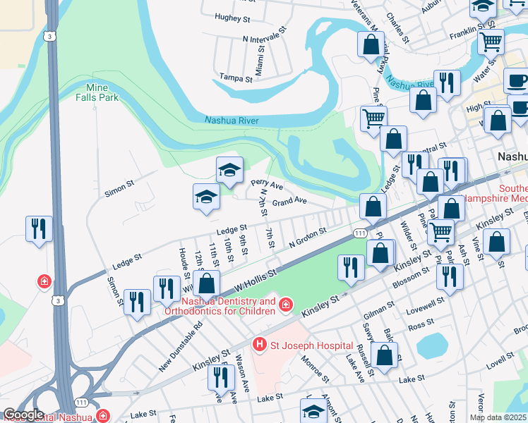 map of restaurants, bars, coffee shops, grocery stores, and more near 40 Grand Avenue in Nashua