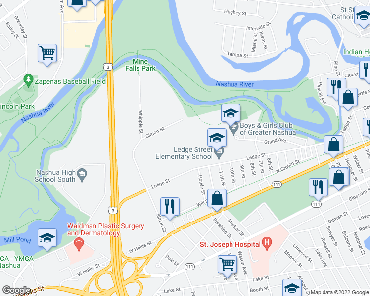 map of restaurants, bars, coffee shops, grocery stores, and more near 143 Ledge Street in Nashua