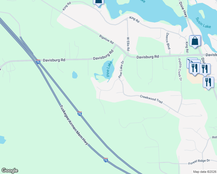map of restaurants, bars, coffee shops, grocery stores, and more near 8251 Pine Lake Drive in Oakland County