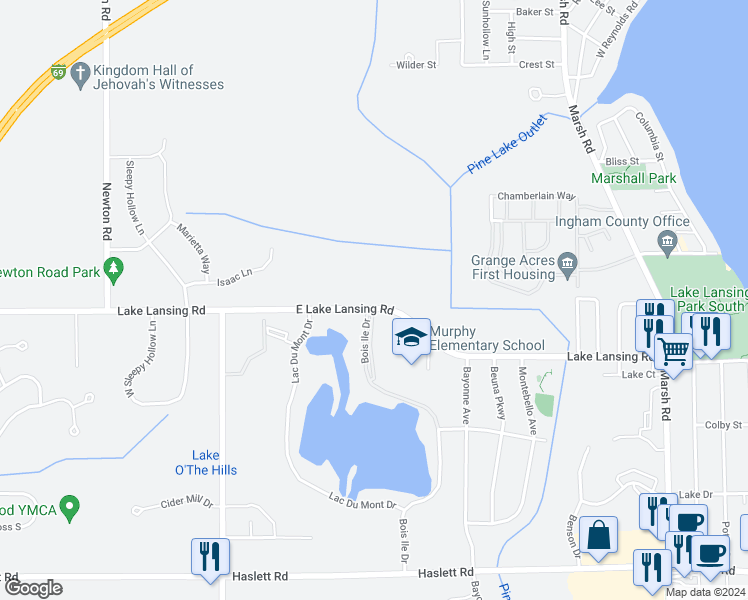map of restaurants, bars, coffee shops, grocery stores, and more near 1960 Lake Lansing Road in Meridian charter Township