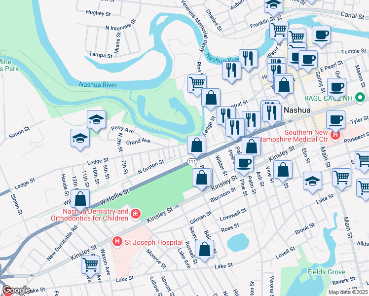 map of restaurants, bars, coffee shops, grocery stores, and more near 76 Ledge Street in Nashua