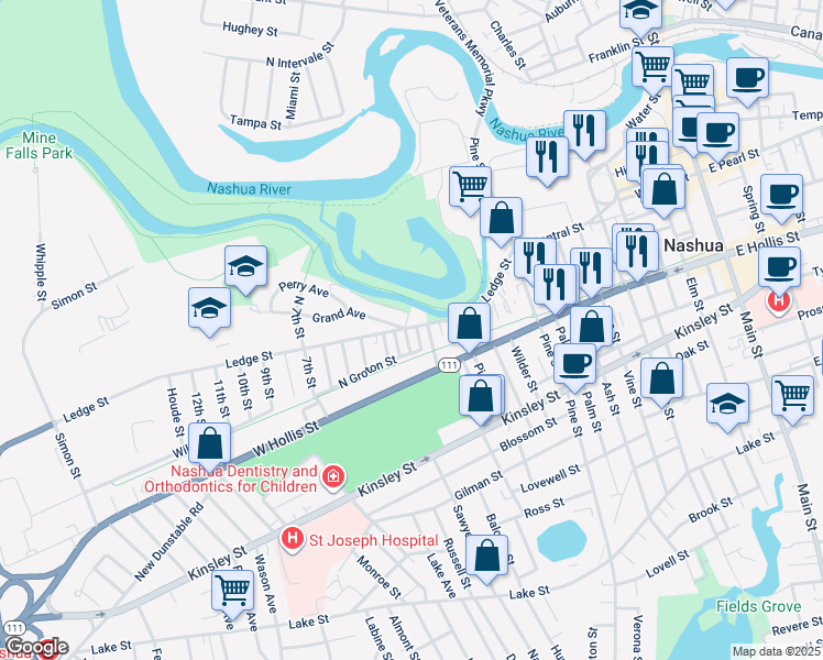 map of restaurants, bars, coffee shops, grocery stores, and more near 3 North 2nd Street in Nashua