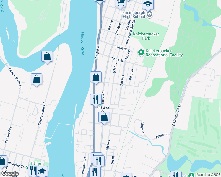 map of restaurants, bars, coffee shops, grocery stores, and more near 101 6th Avenue in Troy