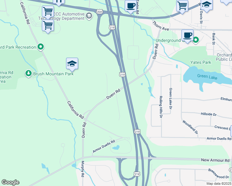 map of restaurants, bars, coffee shops, grocery stores, and more near 4662 Duerr Road in Orchard Park