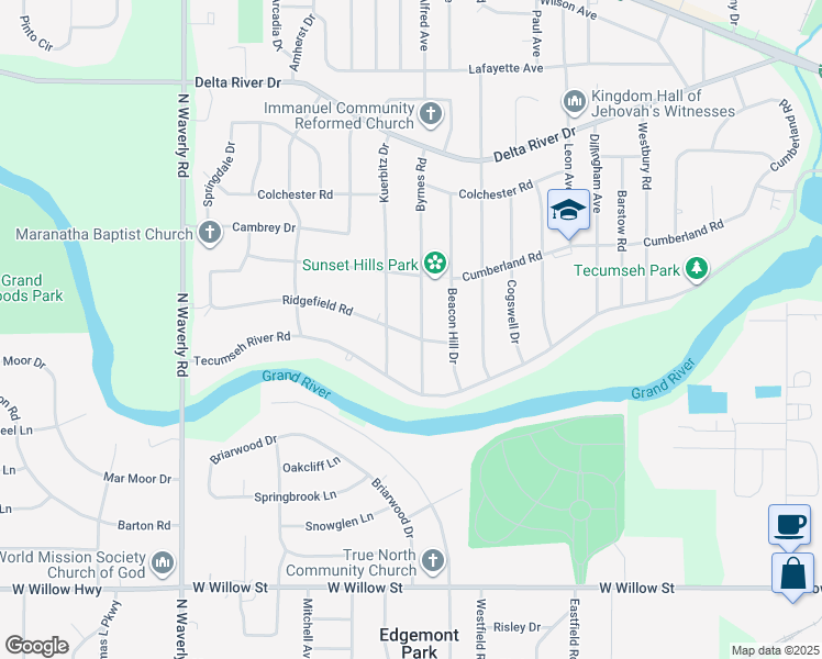 map of restaurants, bars, coffee shops, grocery stores, and more near 2015 Byrnes Road in Lansing