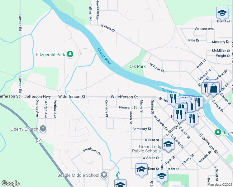 map of restaurants, bars, coffee shops, grocery stores, and more near 716 West Jefferson Street in Grand Ledge