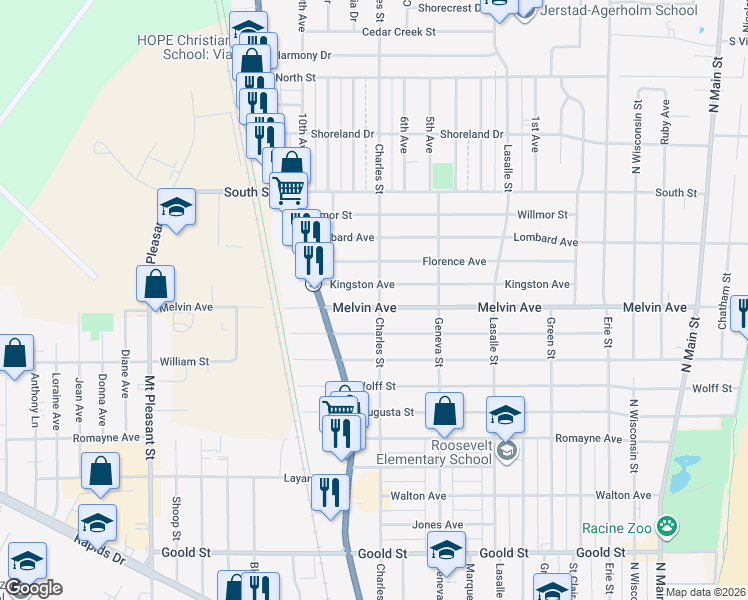 map of restaurants, bars, coffee shops, grocery stores, and more near 1315 Kingston Avenue in Racine