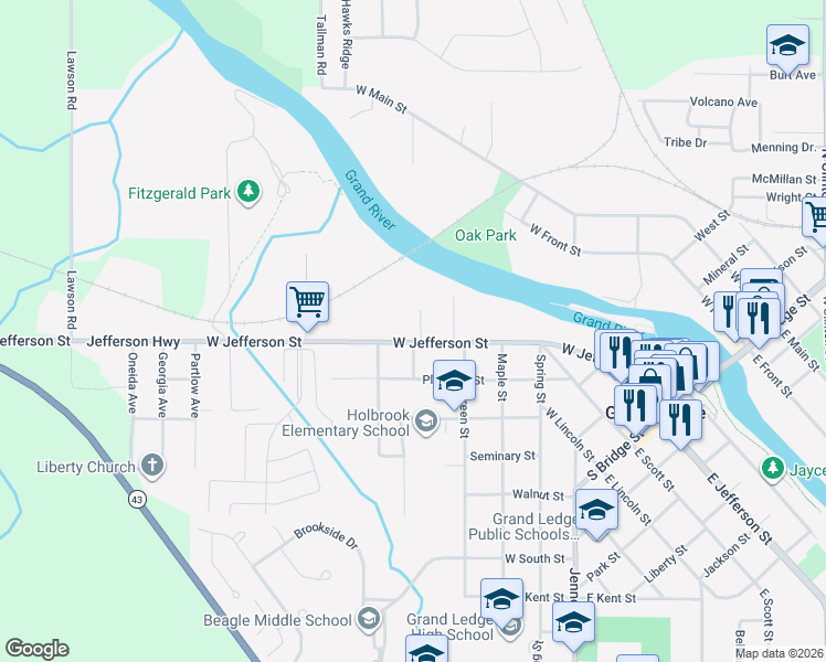 map of restaurants, bars, coffee shops, grocery stores, and more near 716 West Jefferson Street in Grand Ledge