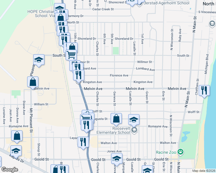 map of restaurants, bars, coffee shops, grocery stores, and more near 1213 Kingston Avenue in Racine