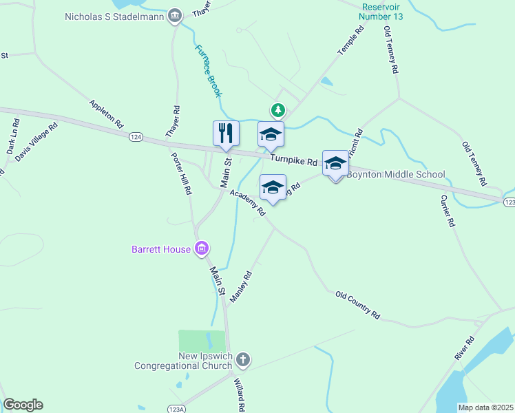 map of restaurants, bars, coffee shops, grocery stores, and more near 72 Academy Road in New Ipswich