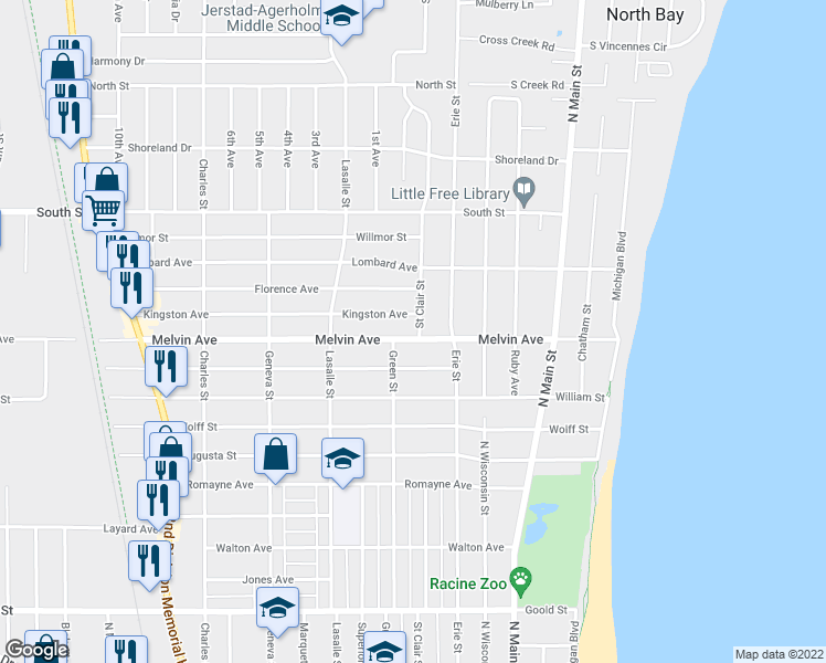 map of restaurants, bars, coffee shops, grocery stores, and more near 700 Melvin Avenue in Racine
