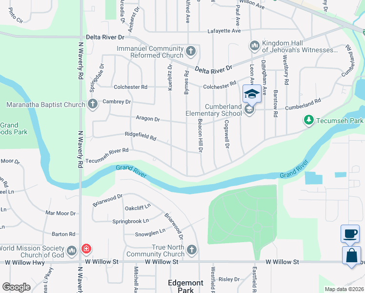 map of restaurants, bars, coffee shops, grocery stores, and more near 2015 Byrnes Road in Lansing