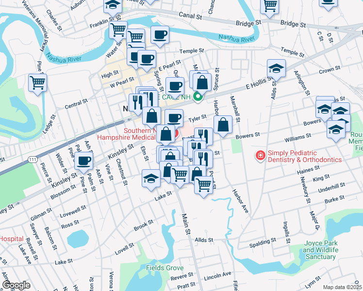 map of restaurants, bars, coffee shops, grocery stores, and more near 7 Prospect Street in Nashua