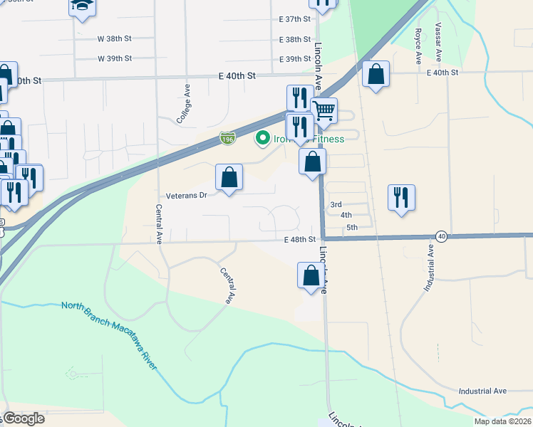 map of restaurants, bars, coffee shops, grocery stores, and more near 76 Veterans Drive in Holland