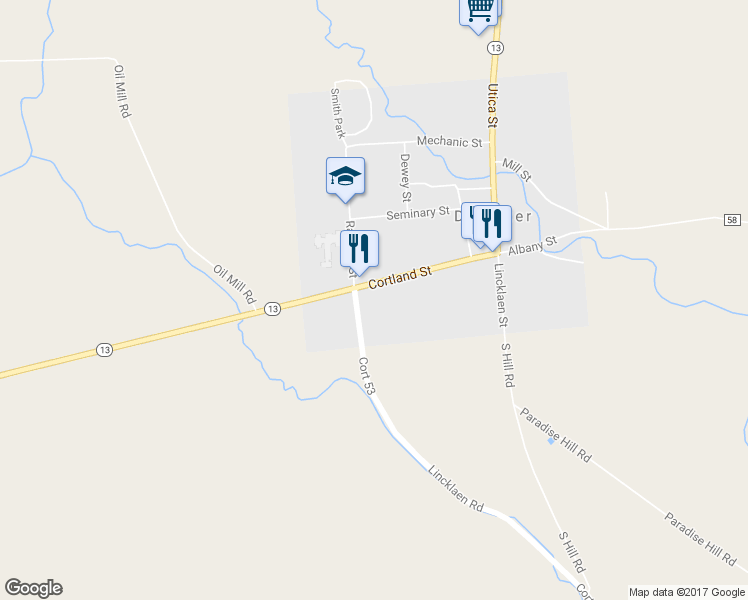map of restaurants, bars, coffee shops, grocery stores, and more near 1608 Cortland Street in DeRuyter