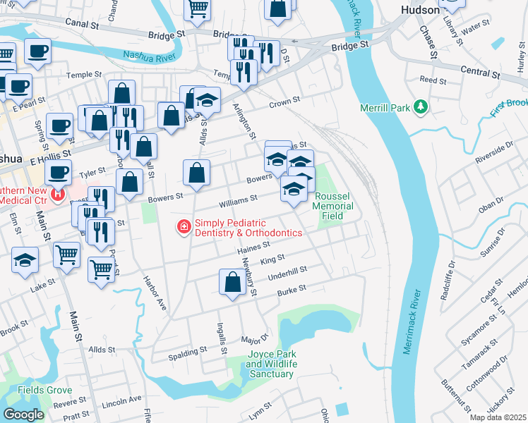 map of restaurants, bars, coffee shops, grocery stores, and more near 50 McKean Street in Nashua