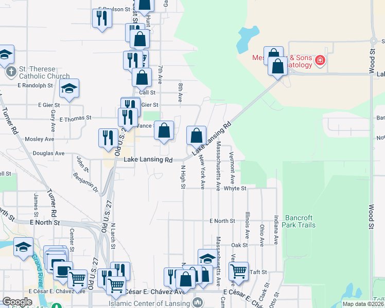 map of restaurants, bars, coffee shops, grocery stores, and more near 1015 Lake Lansing Road in Lansing