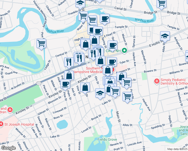 map of restaurants, bars, coffee shops, grocery stores, and more near 6 1/2 Kinsley Street in Nashua