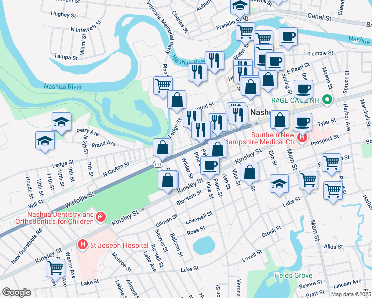 map of restaurants, bars, coffee shops, grocery stores, and more near 85 1/2 West Hollis Street in Nashua