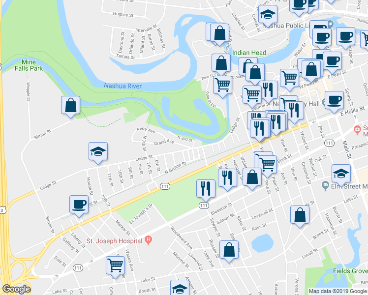 map of restaurants, bars, coffee shops, grocery stores, and more near 3 North 2nd Street in Nashua