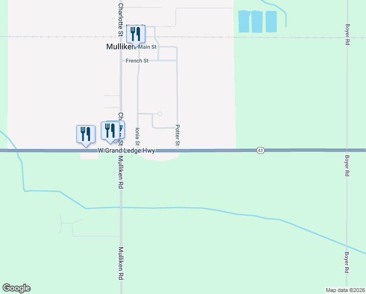 map of restaurants, bars, coffee shops, grocery stores, and more near 475 Potter Street in Mulliken