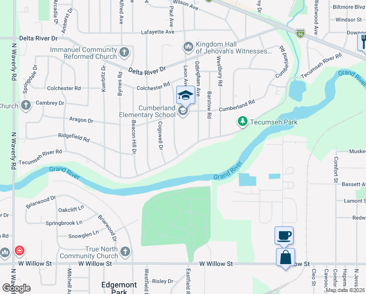 map of restaurants, bars, coffee shops, grocery stores, and more near 2732 Tecumseh River Road in Lansing
