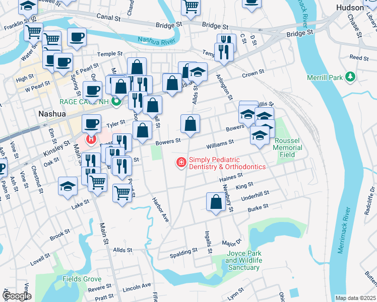 map of restaurants, bars, coffee shops, grocery stores, and more near 1 Williams Street in Nashua