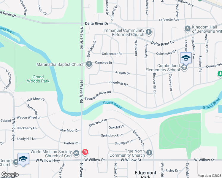 map of restaurants, bars, coffee shops, grocery stores, and more near 3514 Tecumseh River Road in Lansing