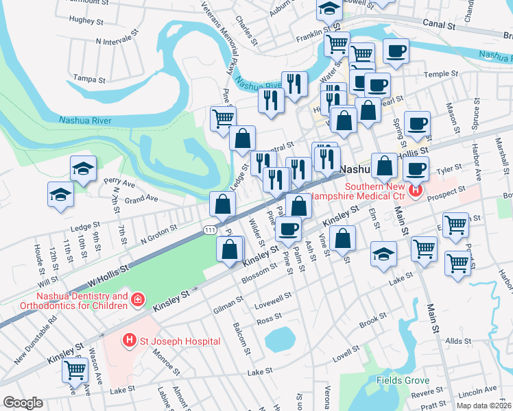 map of restaurants, bars, coffee shops, grocery stores, and more near 85 1/2 West Hollis Street in Nashua