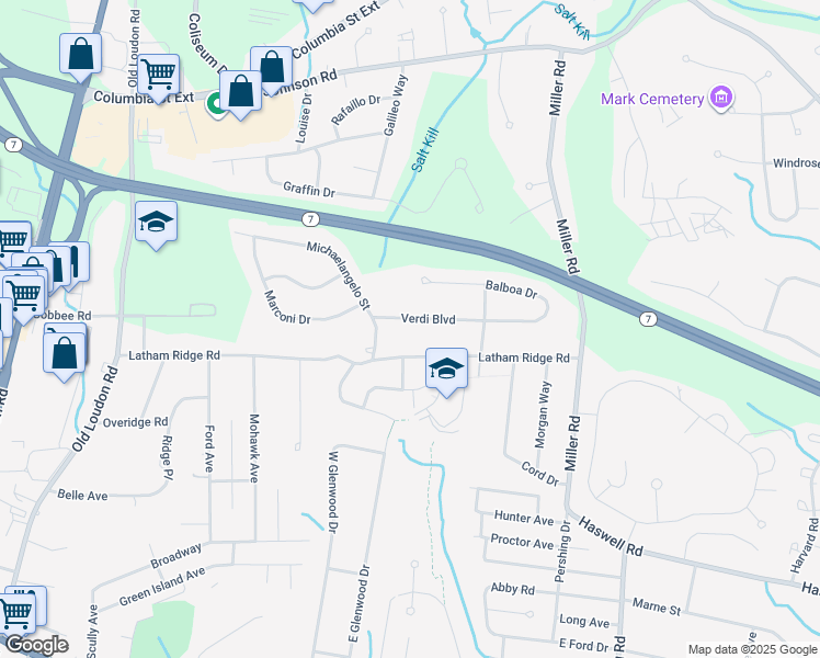map of restaurants, bars, coffee shops, grocery stores, and more near 7 Verdi Boulevard in Latham
